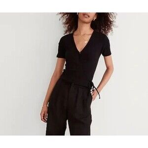 Madewell Womens Short Sleeve Ribbed Wrap Crop Top in Black Sz XS